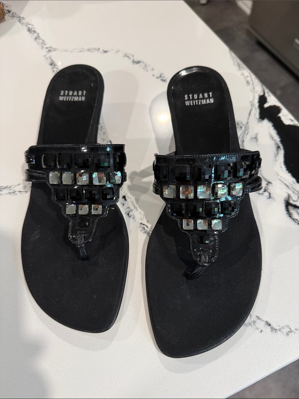 Stuart Weitzman Black Jeweled Thong Sandals